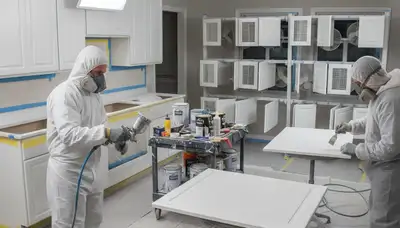 Professional cabinet painting in Andover MA using spray and brush techniques for smooth kitchen finishes