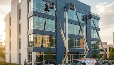 Professional commercial painters working on office building exterior in Andover, MA
