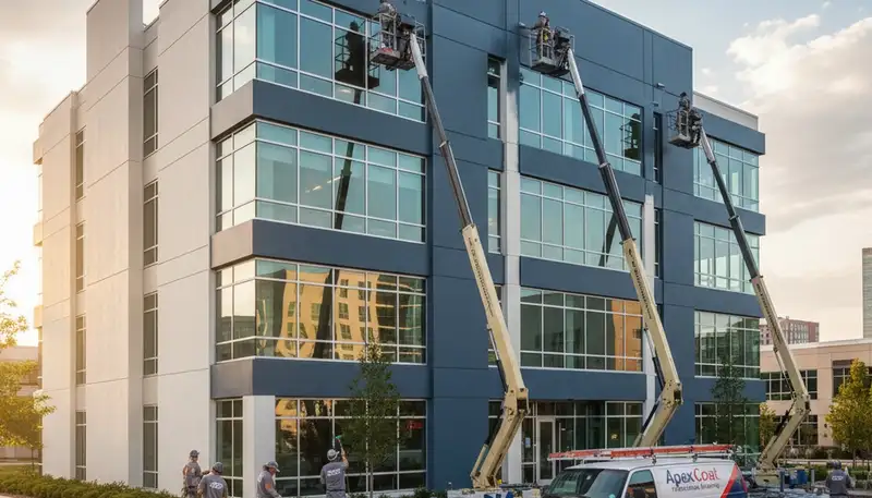 Professional commercial painters working on office building exterior in Andover, MA