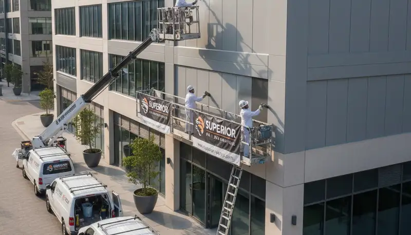 Professional commercial painters working on office building exterior in Andover, MA