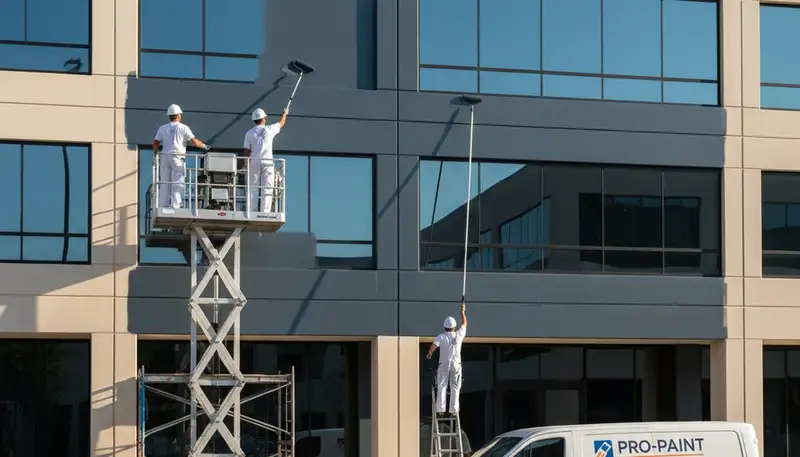 Professional commercial painters working on office exterior in Andover, MA