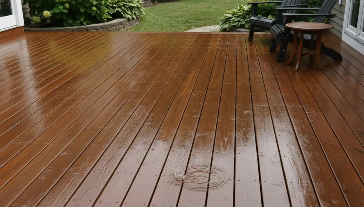 Finished deck staining in Andover MA showcasing restored wood beauty and durable weather protection