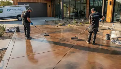 Professional concrete staining on residential driveway in Andover, MA by local house-painting experts