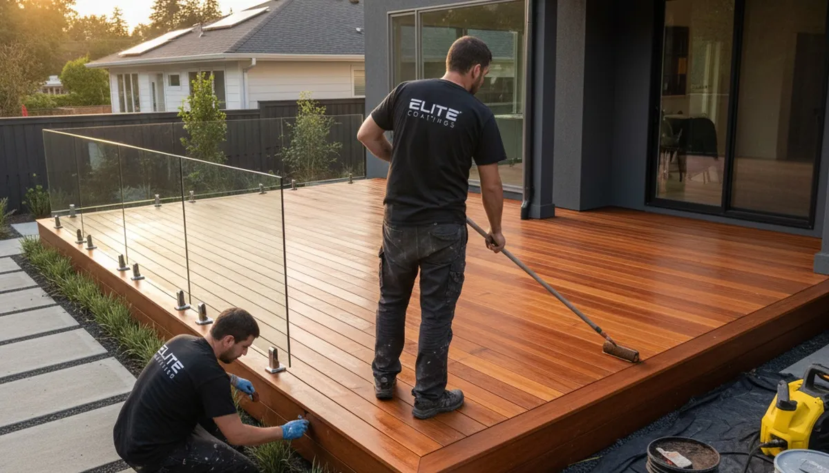 Professional deck staining by house painters in Andover, MA protecting wood from New England weather