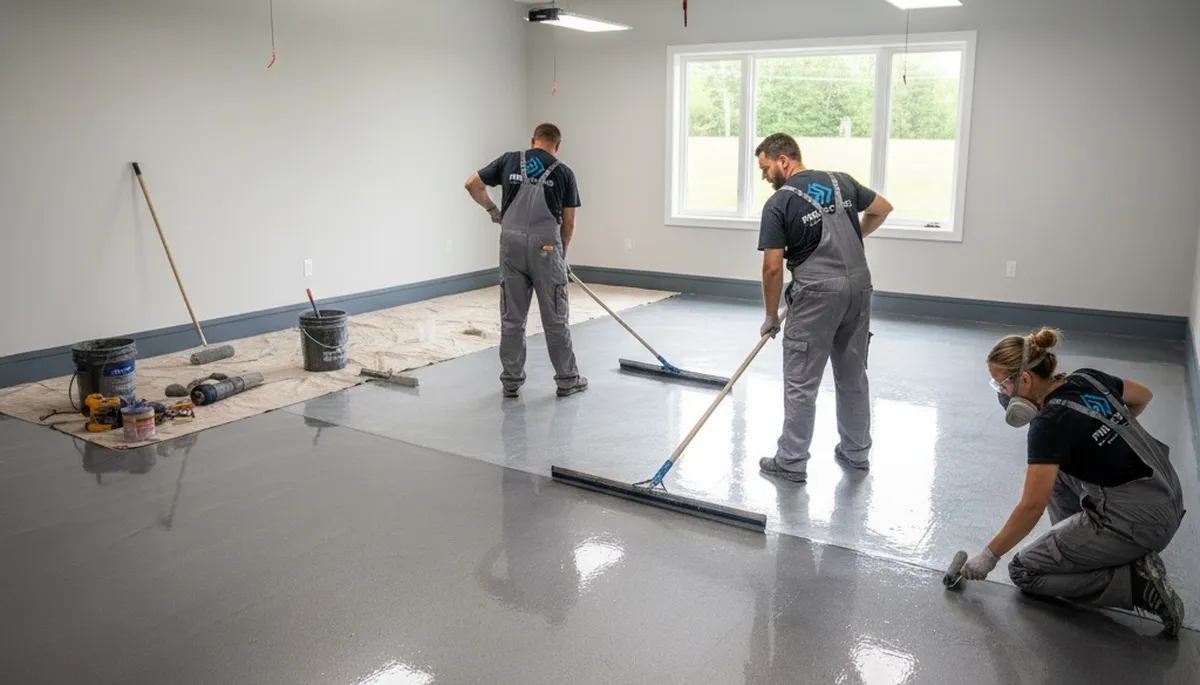 Epoxy garage floor coating by Andover painters in Andover, MA for durable, polished concrete finish