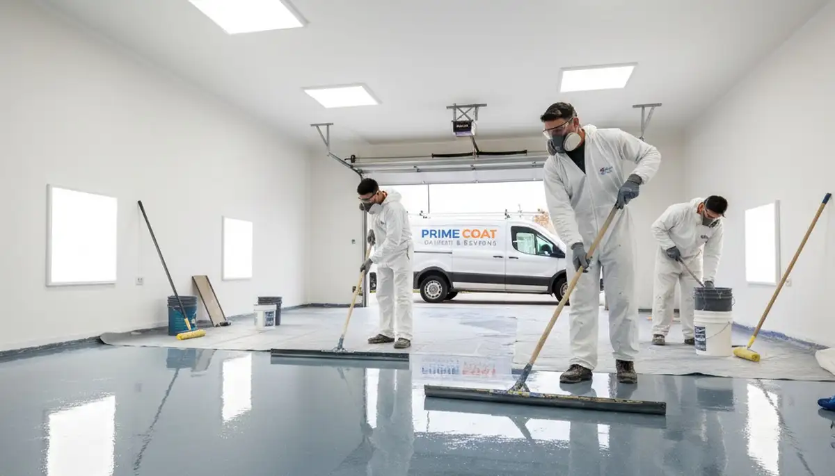 Epoxy floor coating in Andover, MA garage by professional house painters for durable, polished finish