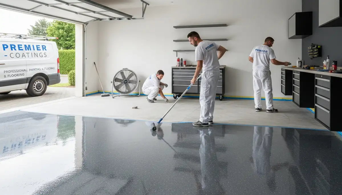 Epoxy garage floor coating in Andover MA showing durable, glossy concrete finish by local painters