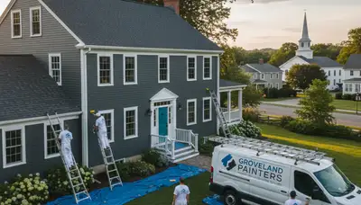Professional house painters in Andover, MA applying exterior paint to a residential home