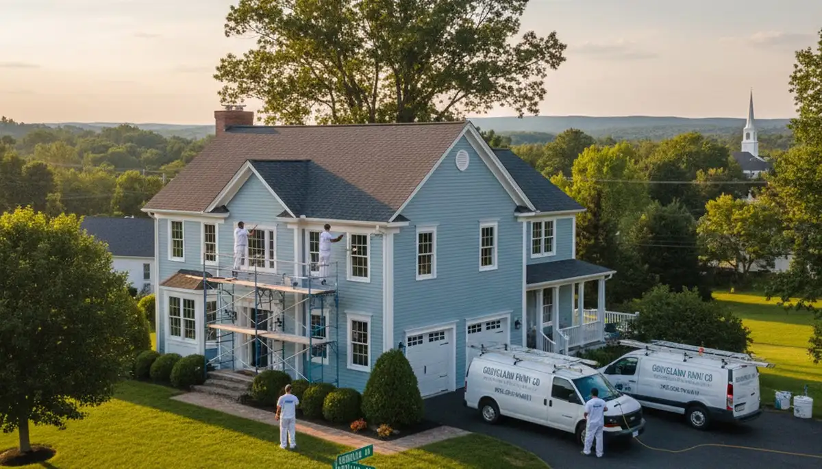 Professional house painters finishing exterior home in Andover, MA