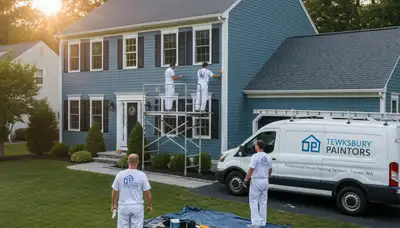 Professional house painters applying fresh exterior paint to a home in Andover, MA