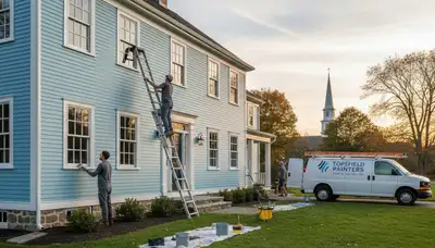 Professional house painters working on residential exterior in Andover MA