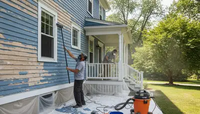 Professional painters sanding exterior walls for surface prep in Andover, MA before new paint application