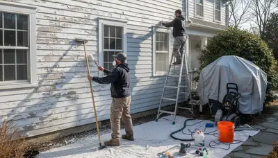 Painter sanding shutters during surface prep for painting in Andover, MA homes