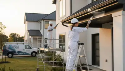 Professional trim and fascia painting on Andover, MA home exterior by expert house painters
